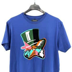 AKOO Mens XL Pre-Owned navy Blue‎ Graphic Short Sleeve T-Shirt Fox Top Hat Print